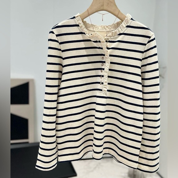 Sezane Gael Mariniere Striped Long Sleeve Top with Ruffles - Picture 3 of 12